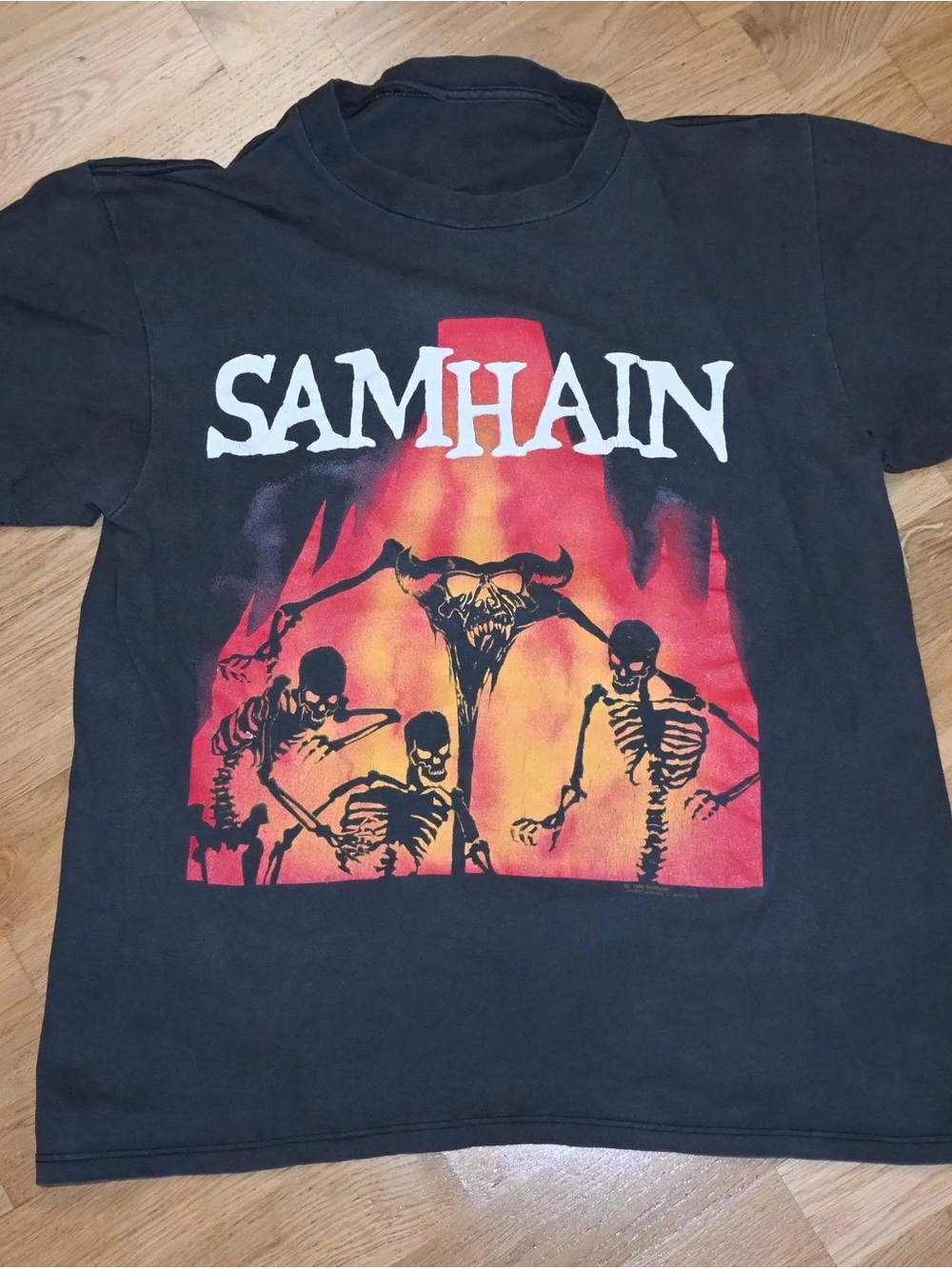 Gildan Black Tee with Red and Yellow Flame Skeleton Graphic